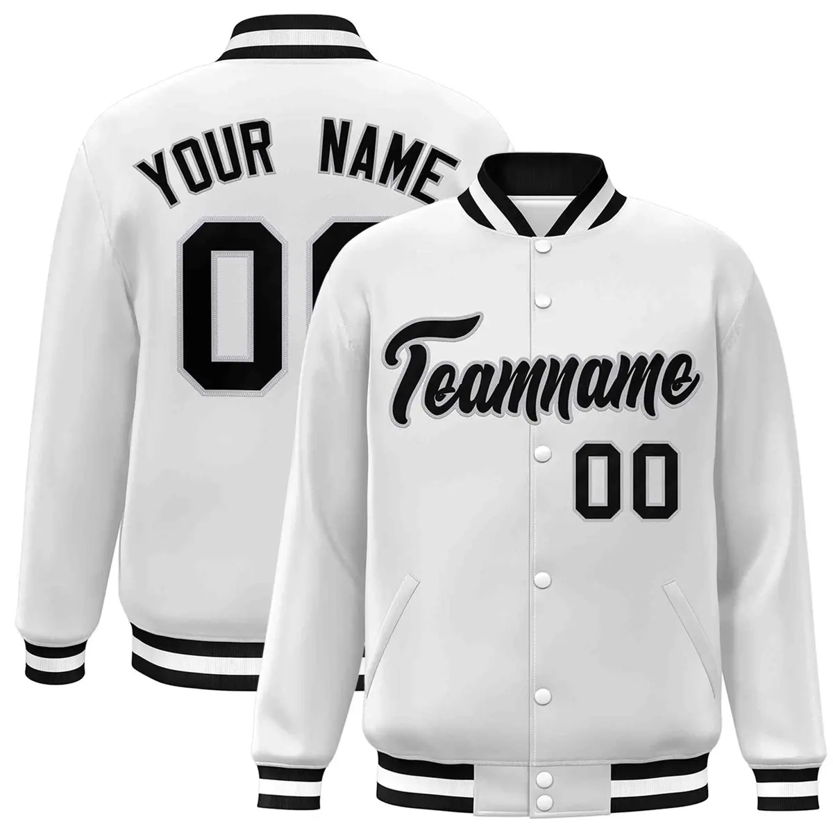 White Black-Gray Full-Snap Varsity Letterman Jacket