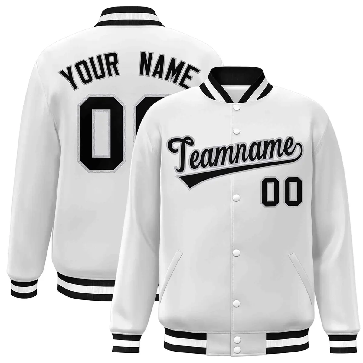White Black-Gray Full-Snap Varsity Letterman Jacket