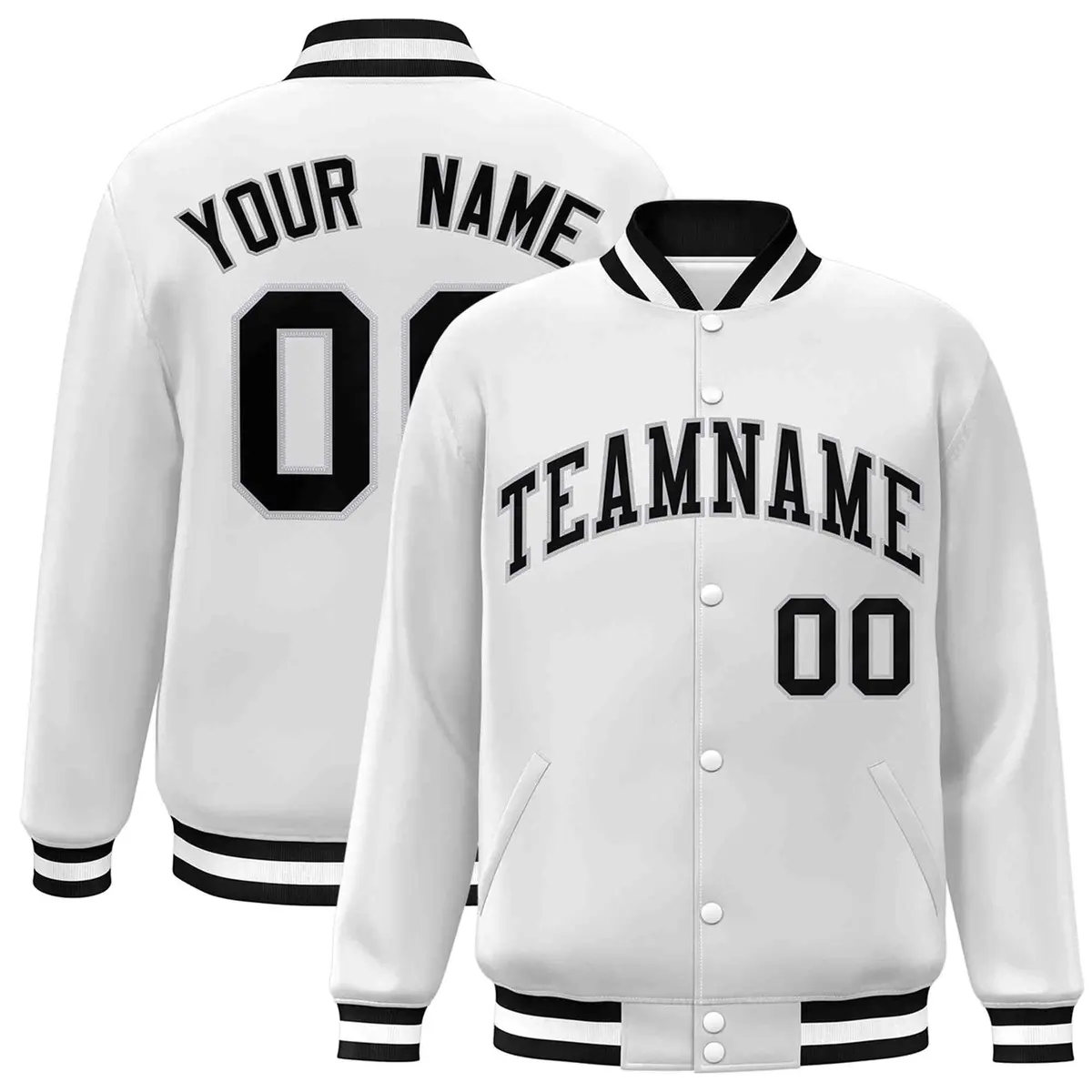 White Black-Gray Full-Snap Varsity Letterman Jacket