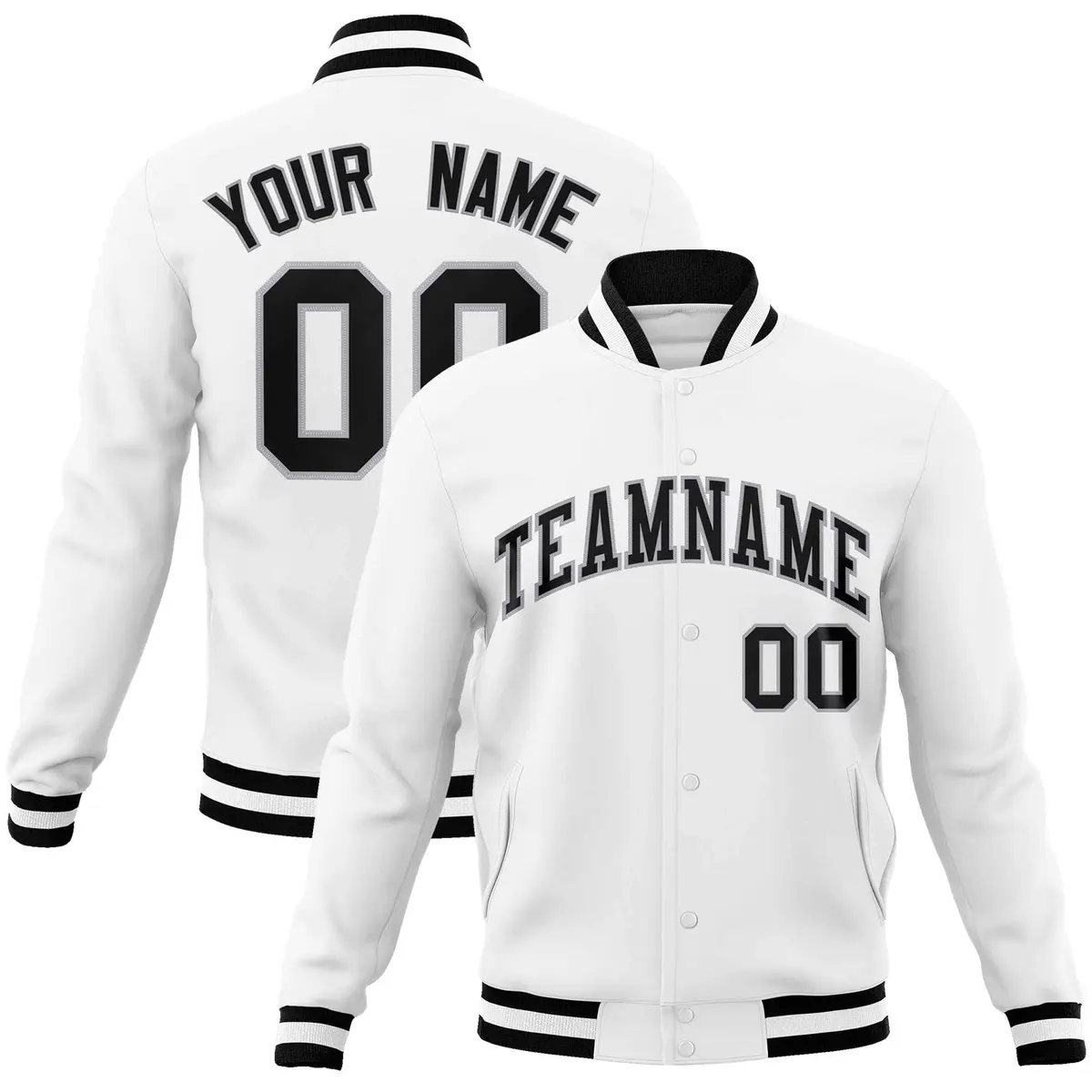 White Black-Gray Full-Snap Varsity Letterman Jacket