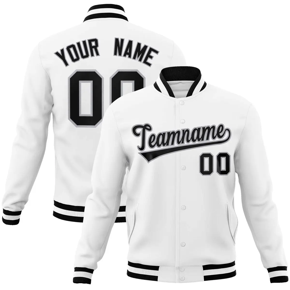 White Black-Gray Full-Snap Varsity Letterman Jacket