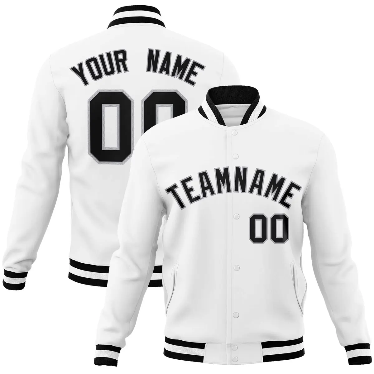 White Black-Gray Full-Snap Varsity Letterman Jacket