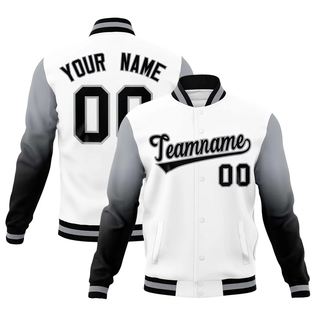White Black Gray Gradient Varsity Raglan Letterman Jacket