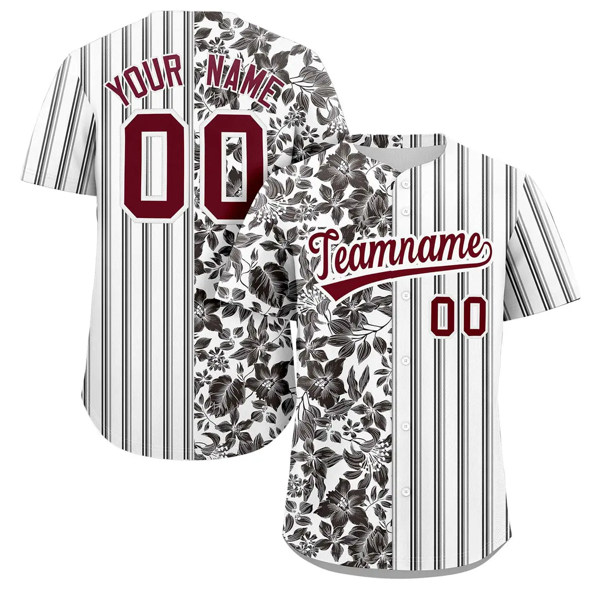 White Black-Gray Hawaii Tropical Flower Stripe Baseball Jersey