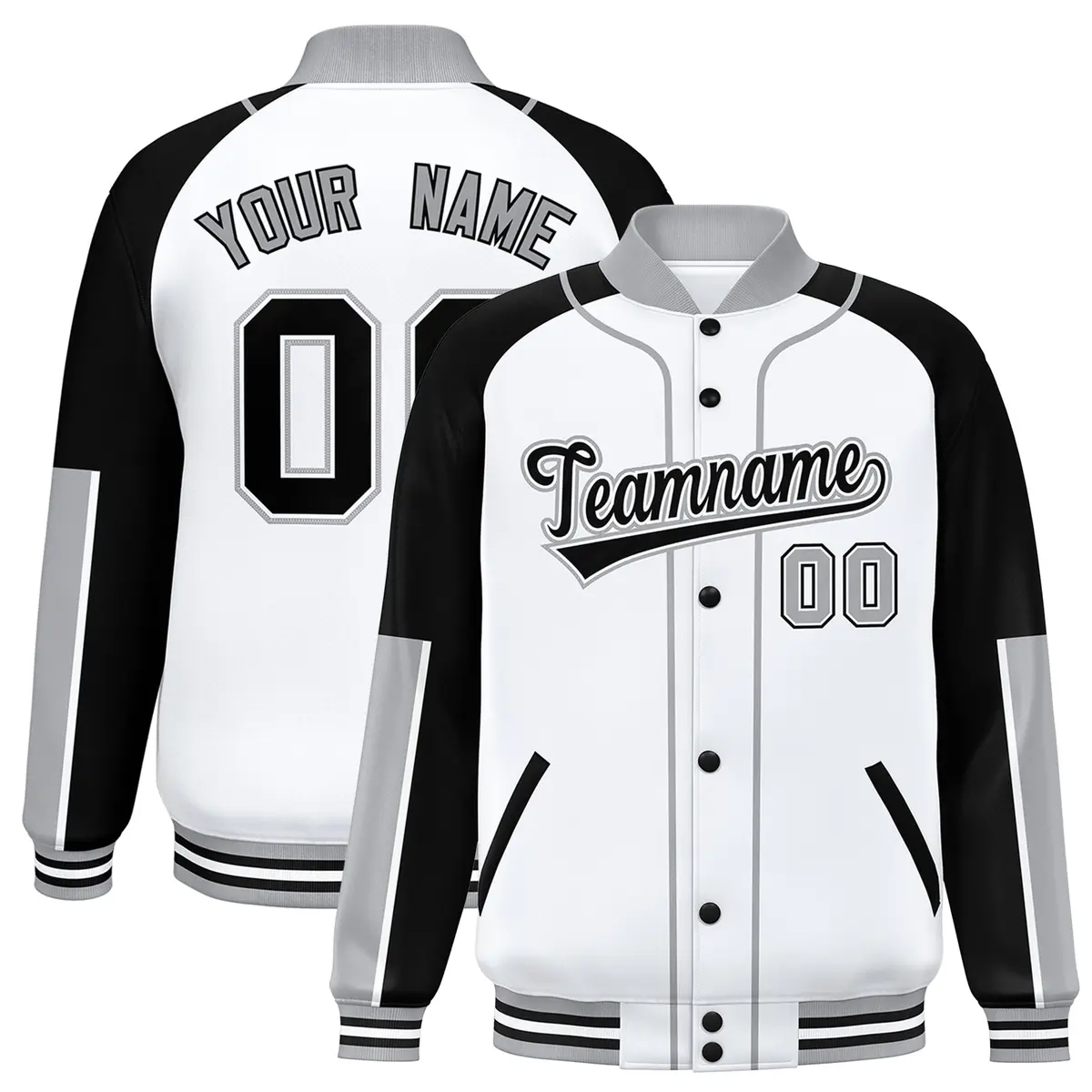 White Black-Gray Raglan Full-Snap Letterman Baseball Jacket