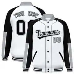 White Black-Gray Raglan Full-Snap Letterman Baseball Jacket