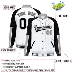 White Black-Gray Raglan Full-Snap Letterman Baseball Jacket 2