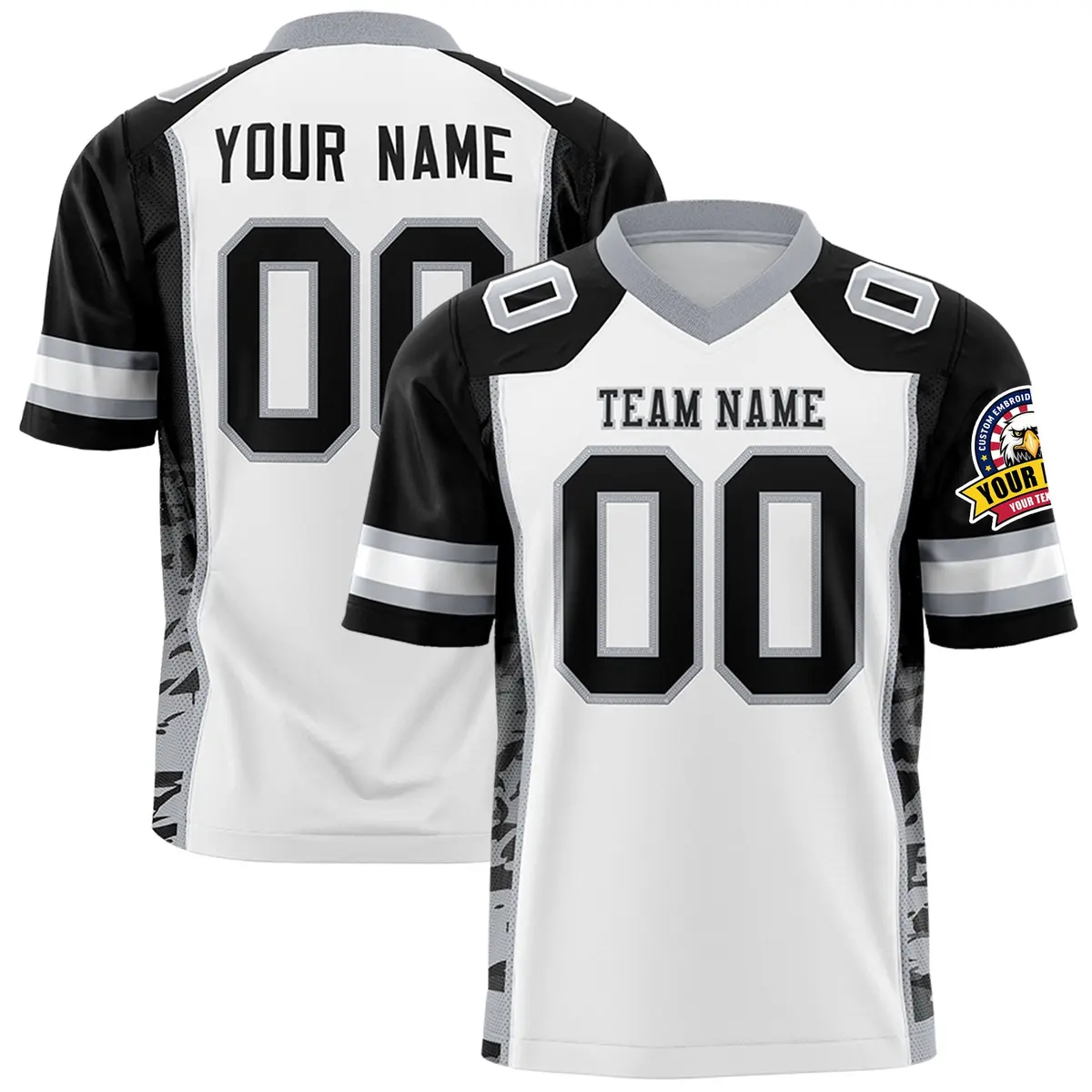 White Black-Gray Raglan Side Pattern Football Jersey