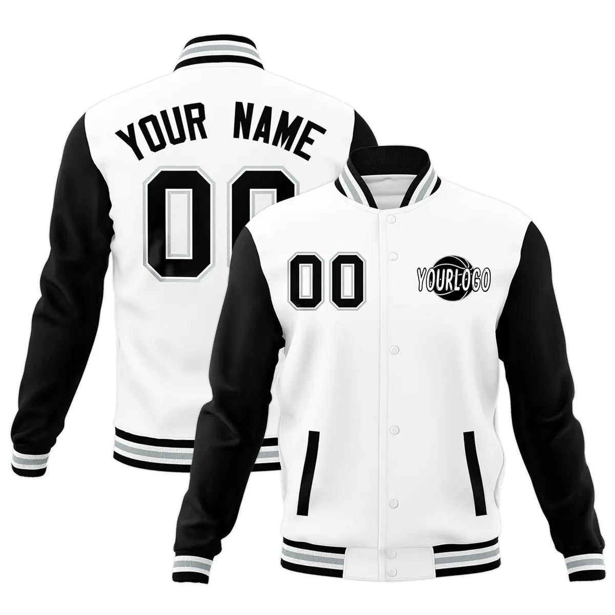 White Black Gray Raglan Sleeve Cotton Letterman Jacket