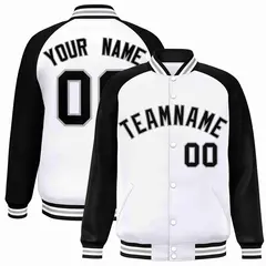 White Black-Gray Raglan Varsity Full-Snap Letterman Jacket
