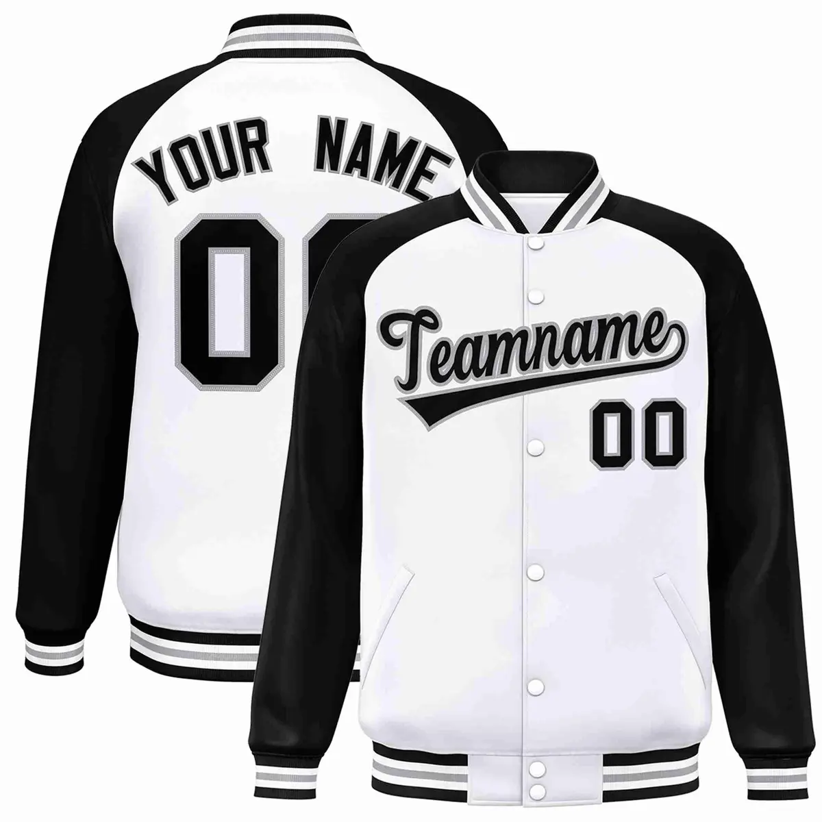 White Black-Gray Raglan Varsity Full-Snap Letterman Jacket