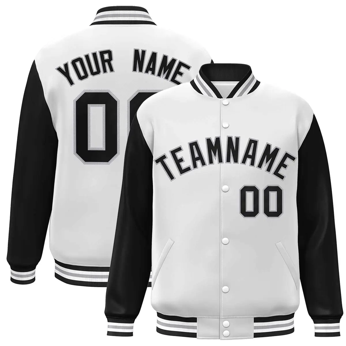 White Black-Gray Raglan Varsity Full-Snap Letterman Jacket