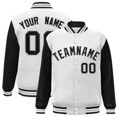 White Black-Gray Raglan Varsity Full-Snap Letterman Jacket