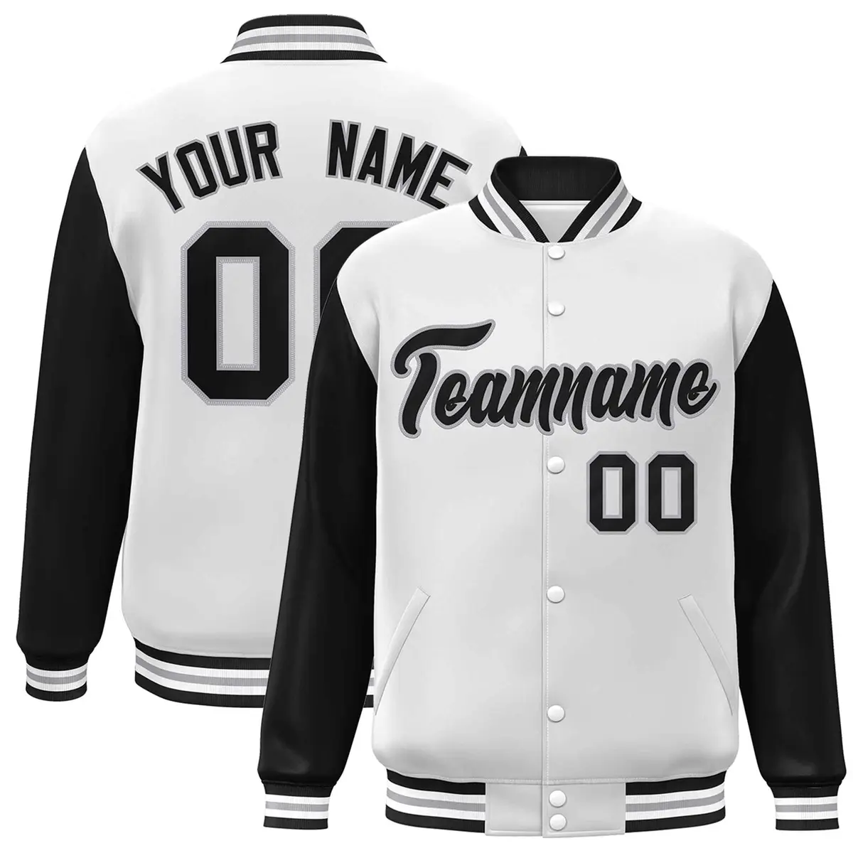 White Black-Gray Raglan Varsity Full-Snap Letterman Jacket