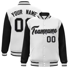 White Black-Gray Raglan Varsity Full-Snap Letterman Jacket