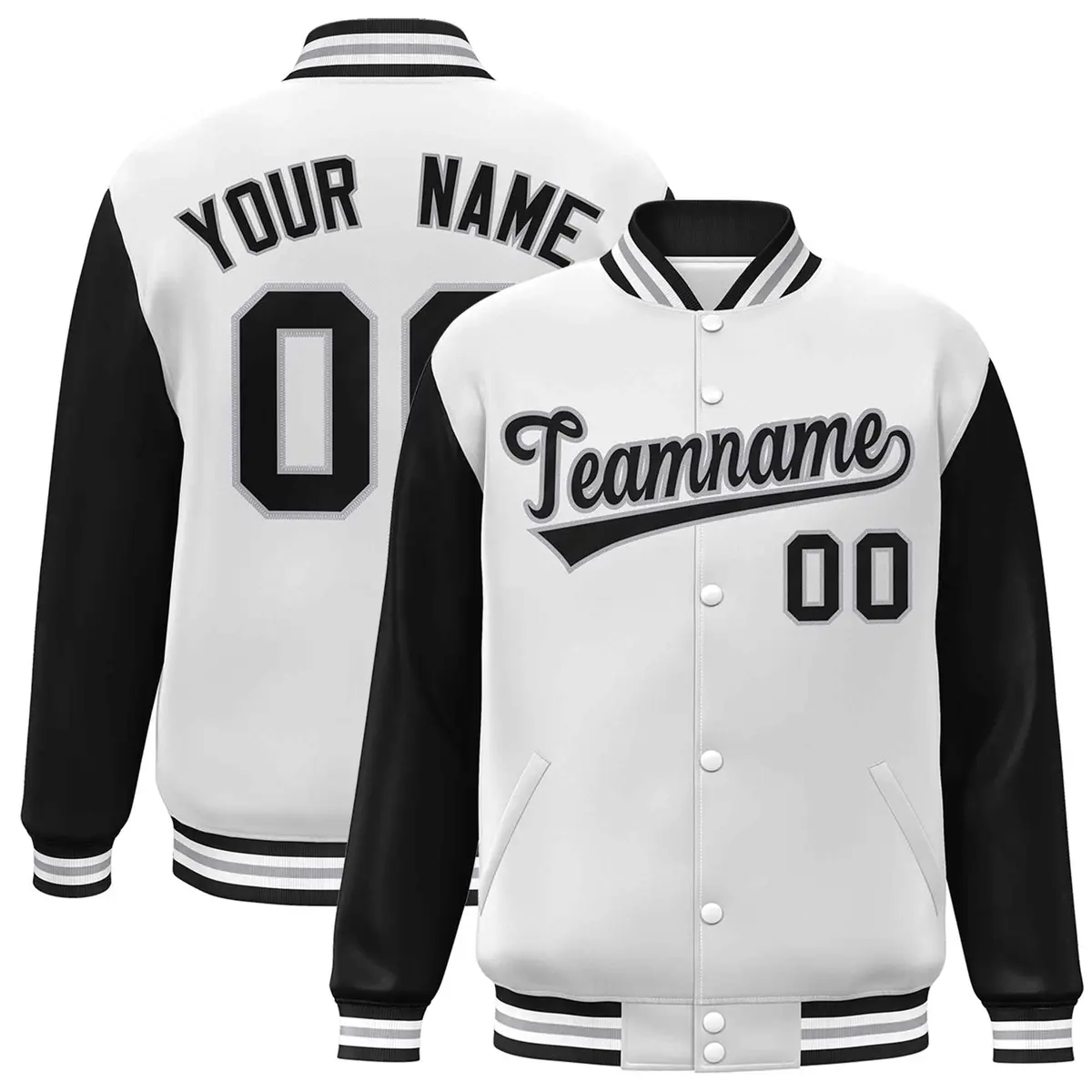 White Black-Gray Raglan Varsity Full-Snap Letterman Jacket