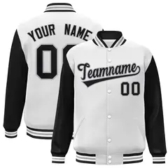 White Black-Gray Raglan Varsity Full-Snap Letterman Jacket