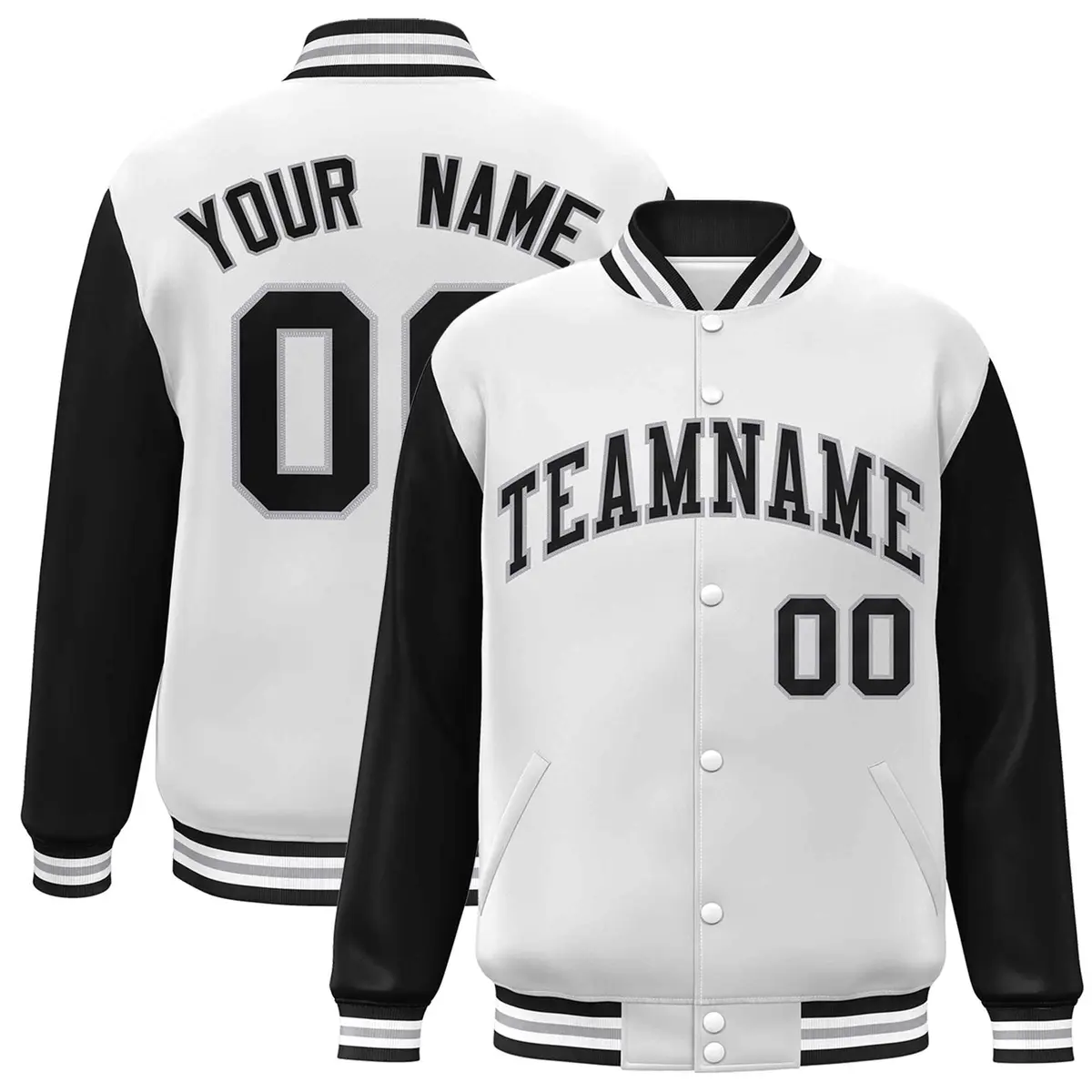 White Black-Gray Raglan Varsity Full-Snap Letterman Jacket