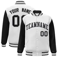 White Black-Gray Raglan Varsity Full-Snap Letterman Jacket