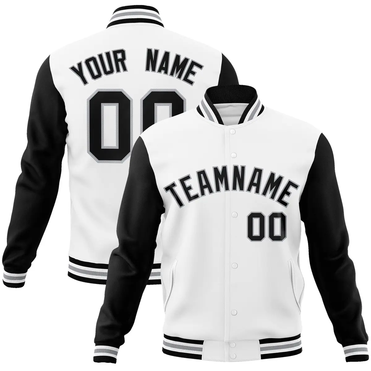 White Black-Gray Raglan Varsity Full-Snap Letterman Jacket