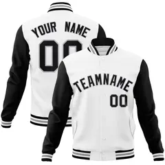 White Black-Gray Raglan Varsity Full-Snap Letterman Jacket