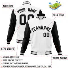 White Black-Gray Raglan Varsity Full-Snap Letterman Jacket 4
