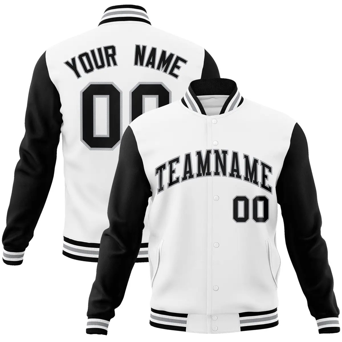 White Black-Gray Raglan Varsity Full-Snap Letterman Jacket