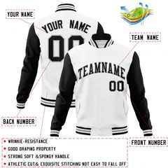 White Black-Gray Raglan Varsity Full-Snap Letterman Jacket 4