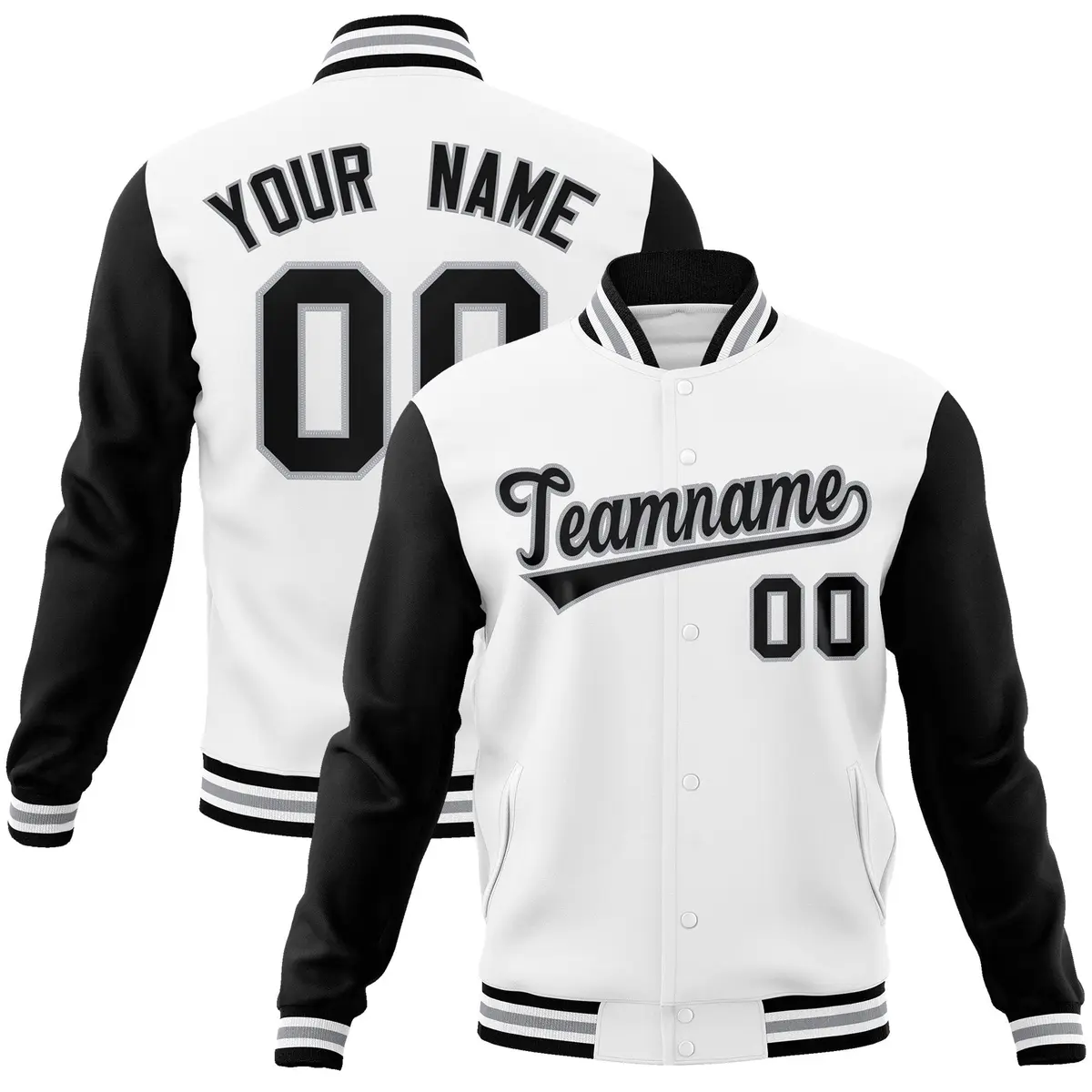 White Black-Gray Raglan Varsity Full-Snap Letterman Jacket
