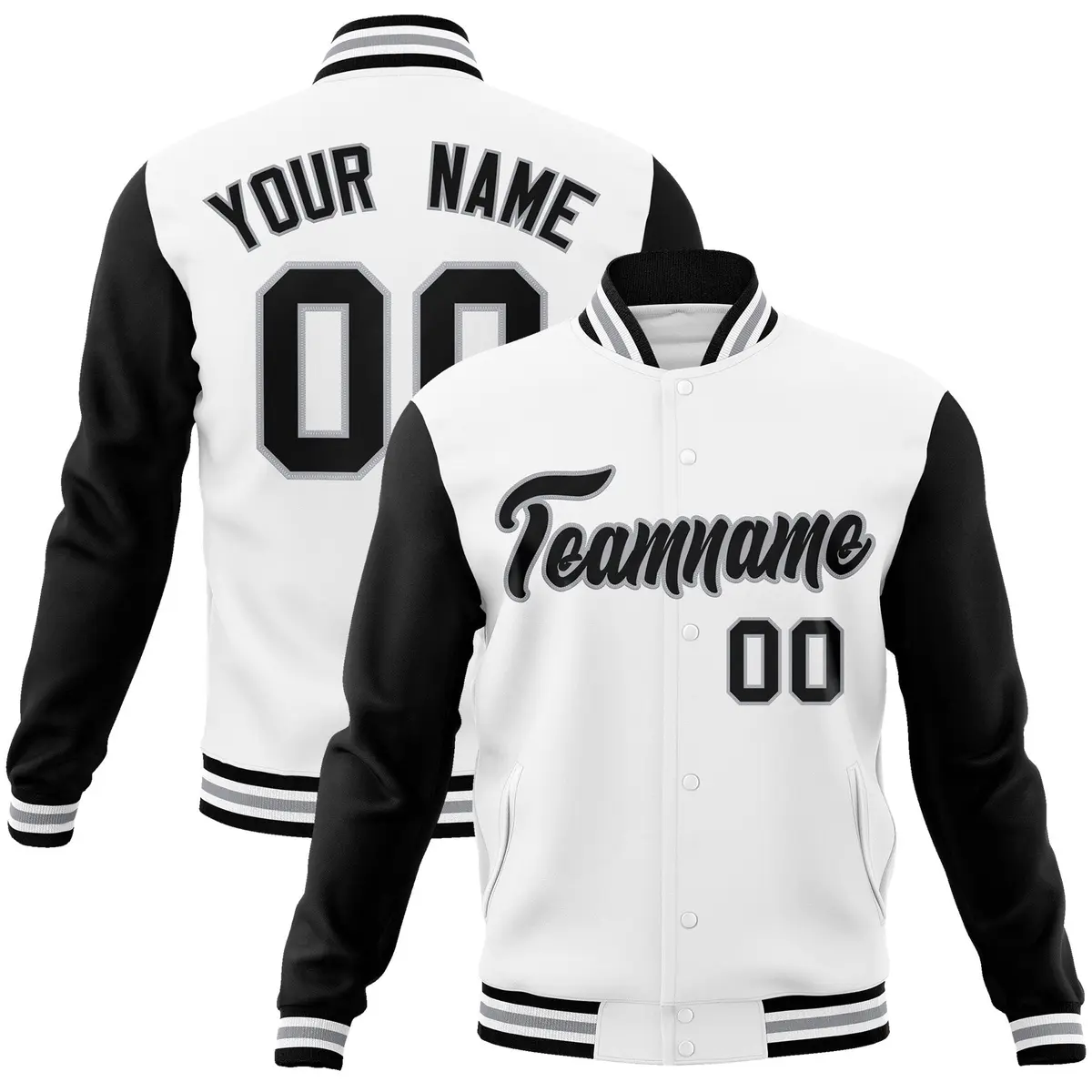White Black-Gray Raglan Varsity Full-Snap Letterman Jacket