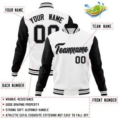White Black-Gray Raglan Varsity Full-Snap Letterman Jacket 4