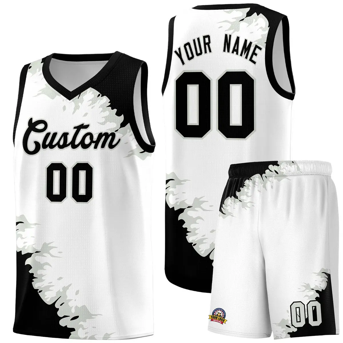 White Black-Gray Sparkle Pattern Basketball Kits