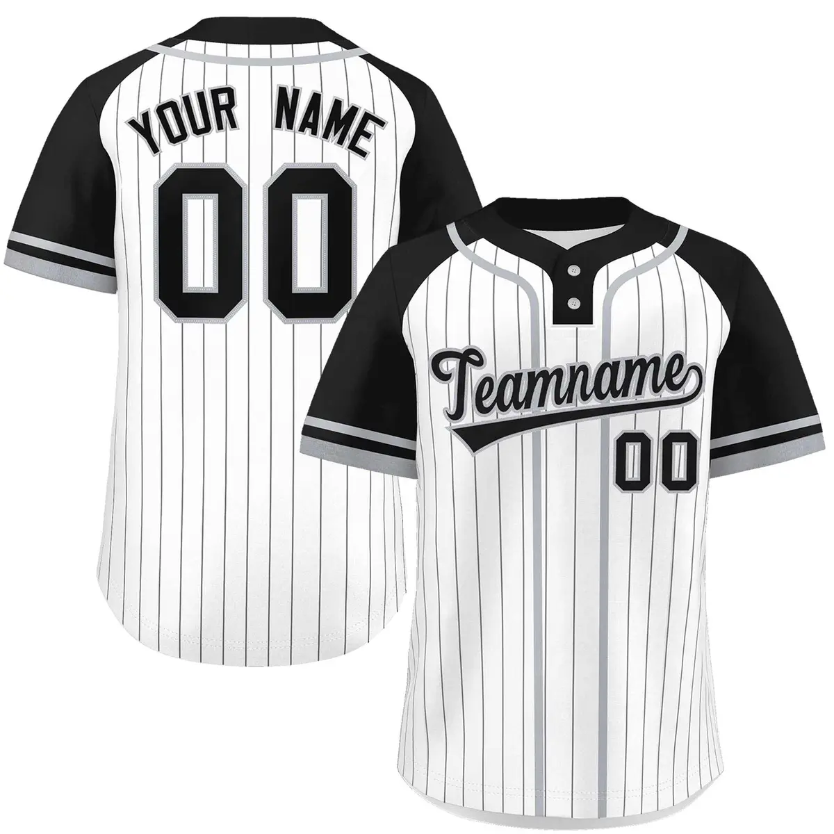 White Black-Gray Stripe Raglan Two-Button Softball Jersey