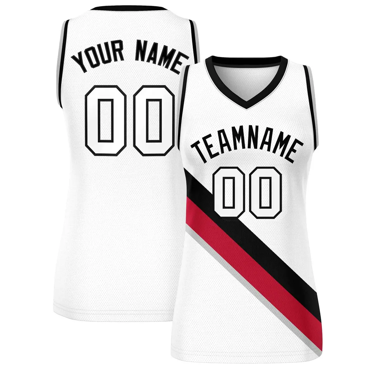 Women's White Black-Gray Thick Slash Mesh Basketball Jersey