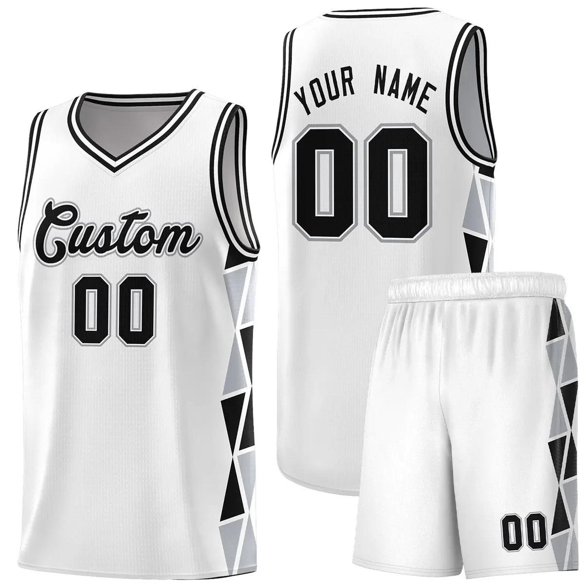 White Black-Gray Triangle Splicing Team Basketball Jersey