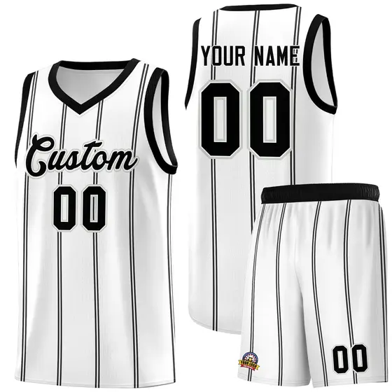 White Black Gray Vertical Stripes Basketball Jersey Set