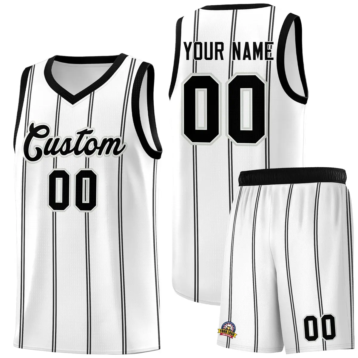 White Black Gray Vertical Stripes Basketball Jersey Set