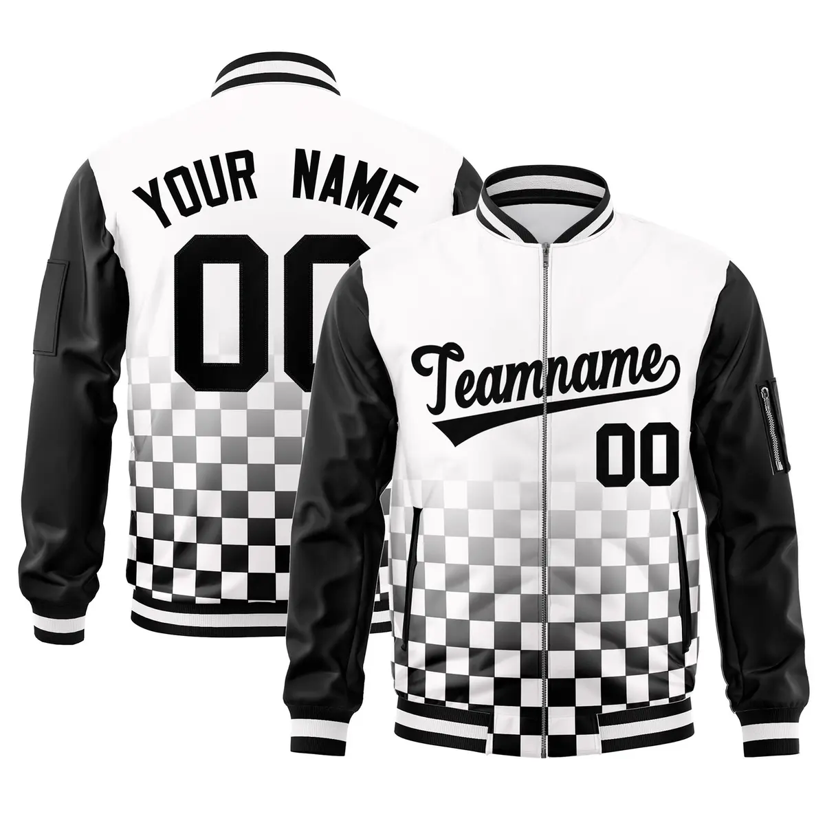 White Black Grid Color Block Full-Zip Varsity Letterman Raglan Sleeve Jacket