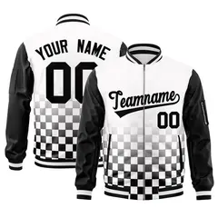 White Black Grid Color Block Full-Zip Varsity Letterman Raglan Sleeve Jacket