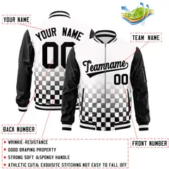 White Black Grid Color Block Full-Zip Varsity Letterman Raglan Sleeve Jacket 2