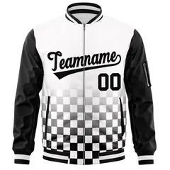 White Black Grid Color Block Full-Zip Varsity Letterman Raglan Sleeve Jacket 3