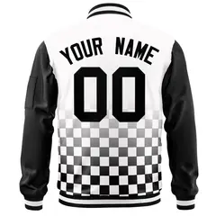 White Black Grid Color Block Full-Zip Varsity Letterman Raglan Sleeve Jacket 4