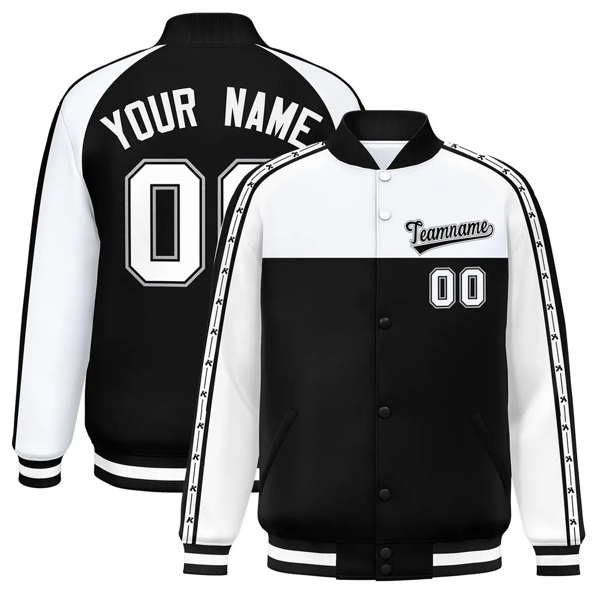 White Black K-Ribbon Raglan Full-Snap Color Block Letterman Jacket