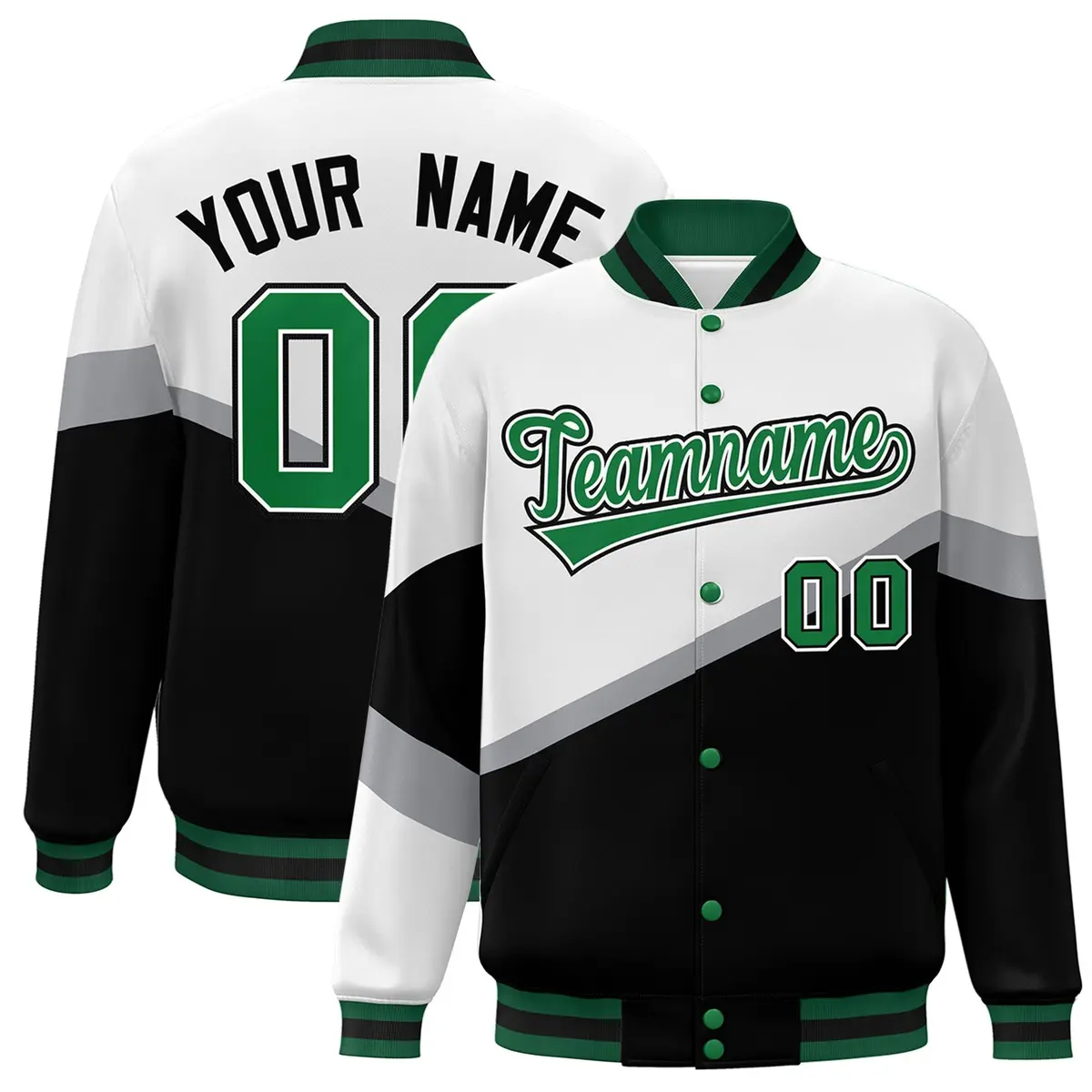 White Black Kelly Green Color Block Varsity Baseball Bomber Jacket