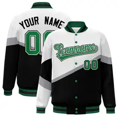 White Black Kelly Green Color Block Varsity Baseball Bomber Jacket