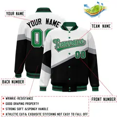 White Black Kelly Green Color Block Varsity Baseball Bomber Jacket 2