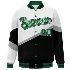White Black Kelly Green Color Block Varsity Baseball Bomber Jacket 3