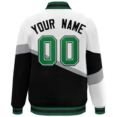 White Black Kelly Green Color Block Varsity Baseball Bomber Jacket 4