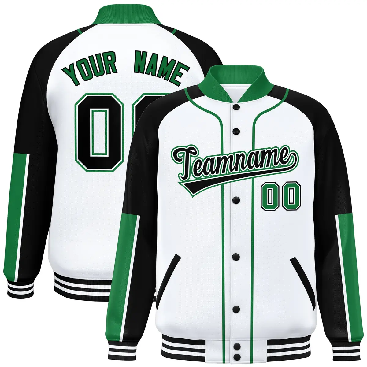 White Black-Kelly Green Raglan Varsity Full-Snap Letterman Baseball Jacket