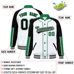 White Black-Kelly Green Raglan Varsity Full-Snap Letterman Baseball Jacket 2